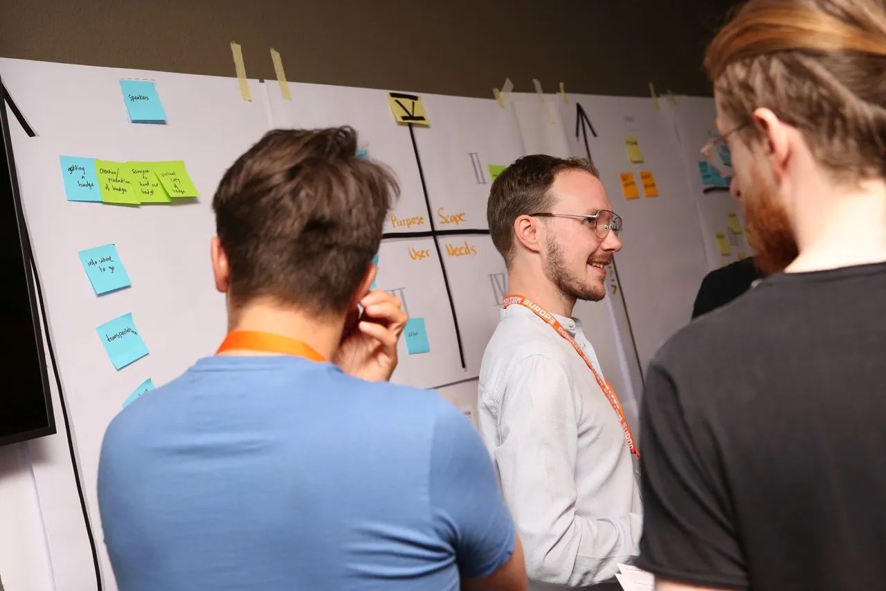 Team-Diskussion vor Wardley Map mit Purpose-, User- und Needs-Analyse